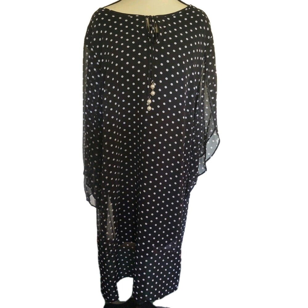 Roz & Ali 3/4 Split Sheer Sleeve Black/White Polka Dot Midi Dress Size 16 NEW
